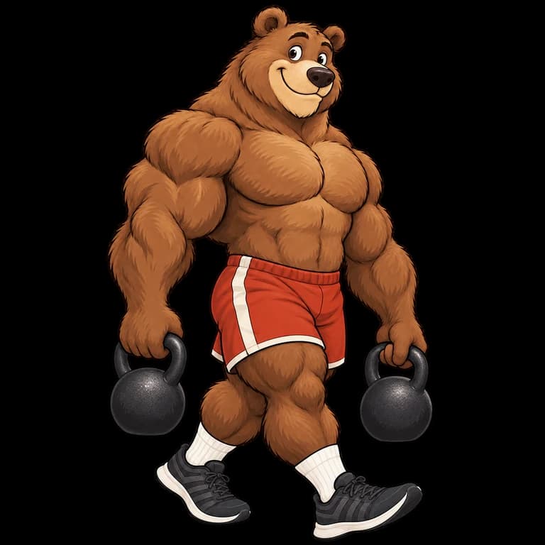 The FireFolio bear carrying a pair of kettlebells, one steady step at a time.