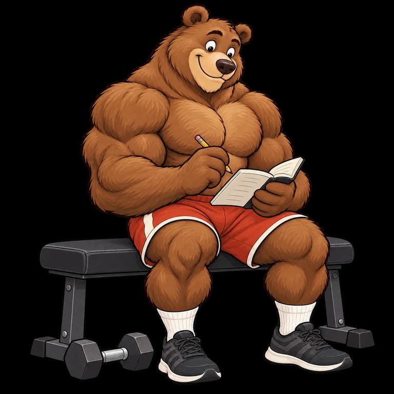 The FireFolio bear taking a break on a workout bench to review a training log.