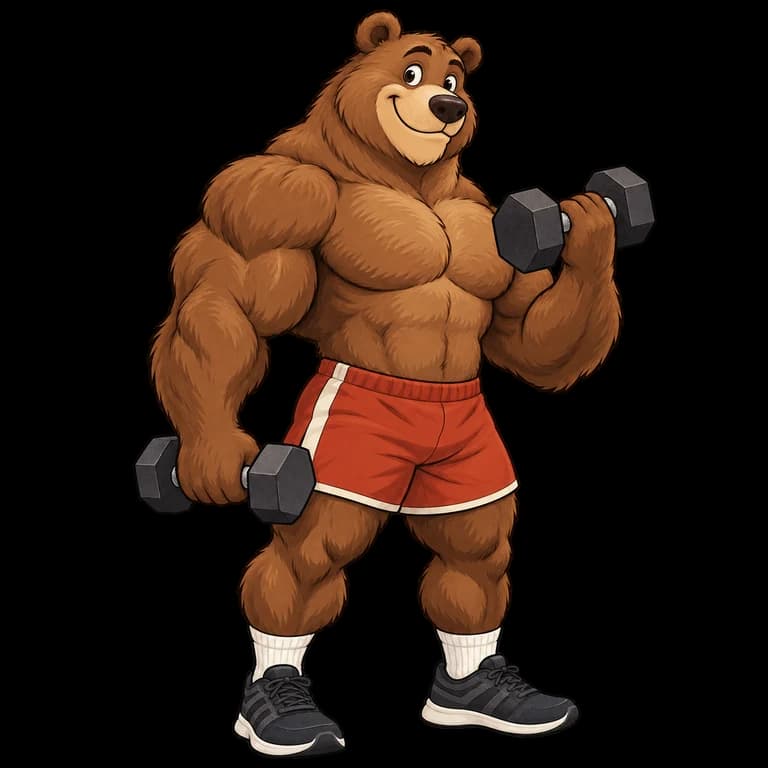 A cheerful muscular brown bear doing a dumbbell curl.
